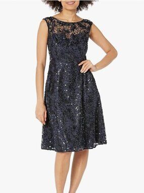 Adrianna Papell Midnight Blue Sequin Lace Midi Dress